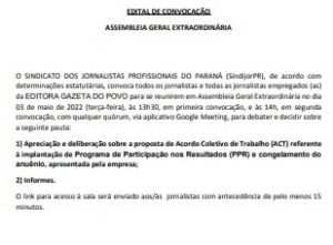 SindijorPR convoca jornalistas da Gazeta do Povo para assembleia