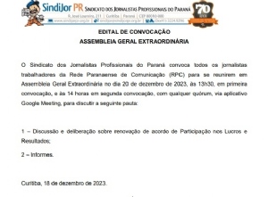 SindijorPR convoca jornalistas da RPC para discutir a renovao do acordo de PPR