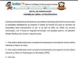 O Estado do Paran: SindijorPR convoca assembleia para discutir acordo de banco de horas e PPR